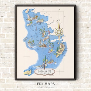 Spaß Karte von Dodekanes griechische Inseln Vintage bildliche wunderliche Cartoon alte Druck Illustration Wand Kunst Reise Poster Abenteuer Karte