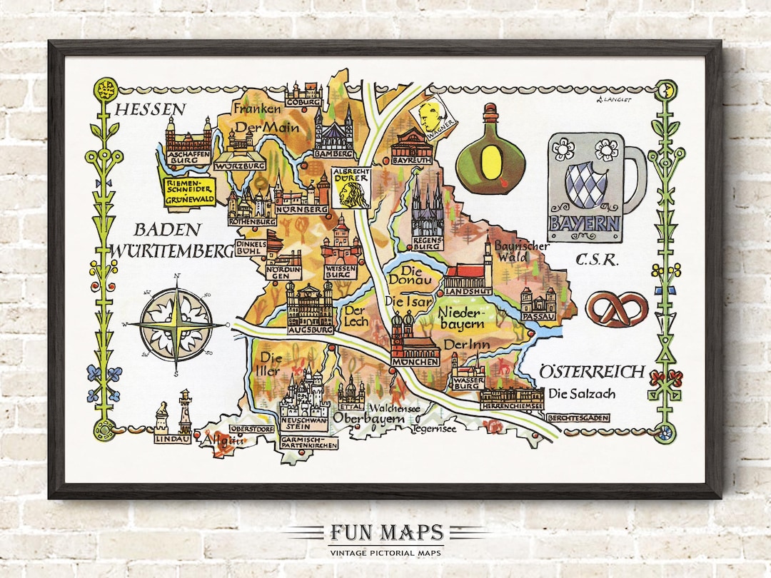 Fun Map of Bavaria in Germany, Deutschland, DE Vintage Pictorial ...