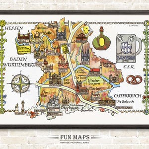 Mapa divertido de Baviera en Alemania, Deutschland, DE, ilustración vintage con dibujos animados de Adventure Wall Art Décor