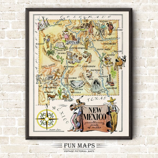 Fun State Map of New Mexico – Vintage Pictorial Whimsical Cartoon Print Illustration from 1940’s by Liozu | Wall Art Décor | Gift | Poster