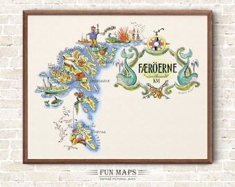 Fun Map of The Faroe Islands Vintage Pictorial Whimsical Print Illustration Scandinavian Wall Art Travel Poster Adventure Nordic Countries