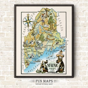 Mapa divertido del estado de Maine: ilustración vintage con dibujos animados, aventura, decoración de pared, regalo y póster.
