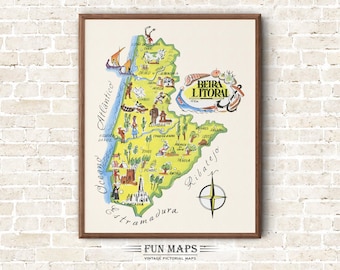 Fun Map of Beira Litoral in Portugal Vintage Pictorial Whimsical Cartoon Old Print Illustration Spanish Wall Art Travel Poster Adventure Map