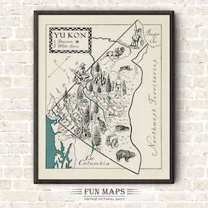 Mapa de Yukón, Canadá: Divertida ilustración vintage con dibujos animados, impresión antigua, aventura, arte de pared, decoración, póster de regalo