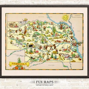 Mapa divertido del estado de Nebraska: ilustración vintage con dibujos animados, aventura, decoración de pared, póster de regalo