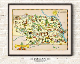 Fun State Map of Nebraska – Vintage Pictorial Whimsical Cartoon Print Illustration from 1930’s by Ruth Taylor Wall Art Décor Gift Poster