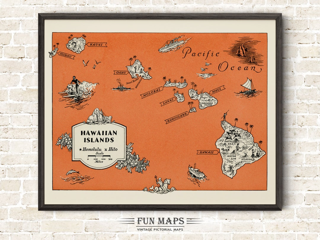 Map of the Hawaiian Islands – Fun Vintage Pictorial Animated