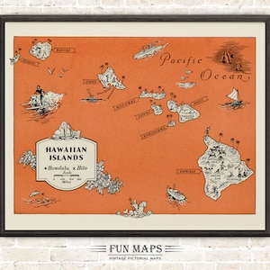 Mapa Wysp Hawajskich – Zabawna, zabytkowa, animowana, stara ilustracja z nadrukiem, dekoracja ścienna, plakat z motywem tropikalnym