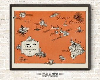 Map of the Hawaiian Islands – Fun Vintage Pictorial Animated Cartoon Old Print Illustration from 1940’s Wall Art Décor Gift Poster Tropical