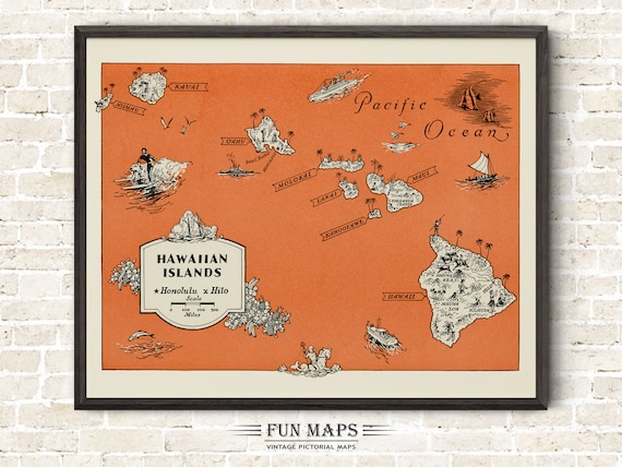 Map of the Hawaiian Islands – Fun Vintage Pictorial Animated