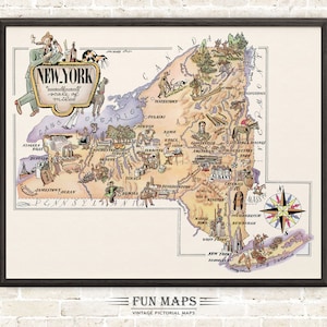Fun State Map of New York – Vintage Pictorial Whimsical Cartoon Print Illustration | Adventure | Wall Art Décor | Gift | Poster