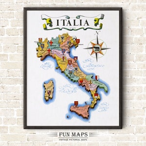 Mapa divertido de Italia o también conocido como Italia, dibujo animado antiguo, ilustración, arte mural italiano, regalo, póster de viaje, mapa de aventuras
