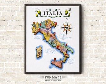 Fun Map of Italia or aka Italy Vintage Pictorial Whimsical Cartoon Old Print Illustration Italian Wall Art Gift Travel Poster Adventure Map