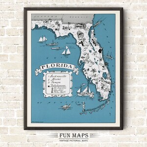 Mapa divertido de Florida: Ilustración vintage de dibujos animados de Johst, decoración de pared, póster de regalo
