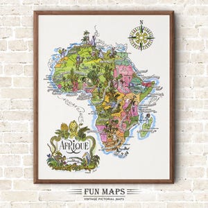 Mapa divertido de África, vintage, pictórico, caprichoso, caricatura, impresión antigua, ilustración, regalo, arte de pared, regalo, póster de viaje, mapa de aventuras, geografía