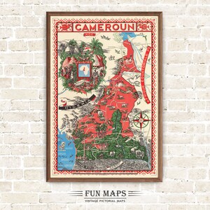 Lustige Karte von Kamerun in Zentralafrika Vintage alte bildliche Geographie Druck Illustration Afrikanische Wand Kunst Dekor Geschenk Abenteuer Reise Poster