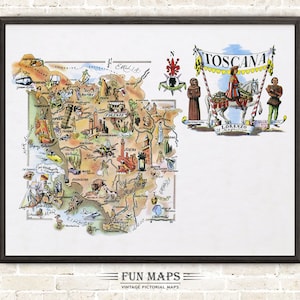 Mapa divertido de la Toscana en Italia, dibujo animado antiguo, ilustración, arte mural italiano, regalo, póster de viaje, mapa de aventuras