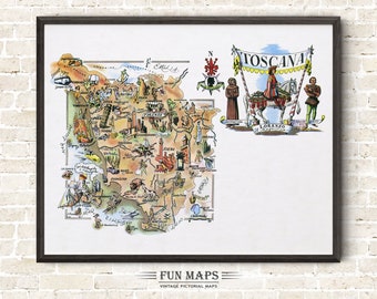 Fun Map of Tuscany in Italy Vintage Pictorial Whimsical Cartoon Old Print Illustration Italian Wall Art Gift Travel Poster Adventure Map