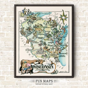 Carte amusante de l'état du Wisconsin - illustration vintage d'impression de dessin animé lunatique pictural | Aventure | Art mural décoratif | Cadeau | Affiche