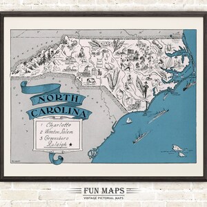 Mapa divertido de Carolina del Norte: Ilustración vintage con dibujos animados de Johst, decoración de pared, póster de regalo