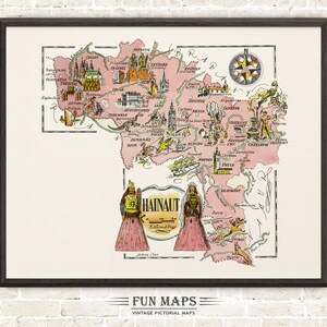 Mapa divertido de Hainaut, Bélgica. Ilustración vintage con dibujos animados, aventura, decoración de pared, regalo y póster.