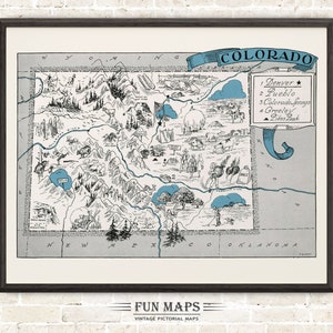 Mapa divertido de Colorado: Ilustración vintage con dibujos animados de Johst, decoración de pared, póster de regalo