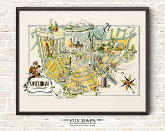 Mapa divertido de Amsterdã, na Holanda – Ilustração vintage com estilo pictórico e caprichoso | Aventura | Decoração de parede | Presente