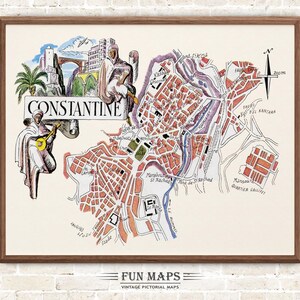 Mapa divertido de Constantina, África del Norte, vintage, pictórico, caprichoso, caricatura, impresión antigua, ilustración, arte mural africano, regalo, póster de viaje, aventura