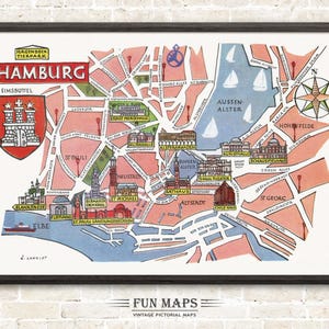Mapa divertido de Hamburgo (Alemania, DE): Ilustración vintage con dibujos animados de Adventure Wall Art.