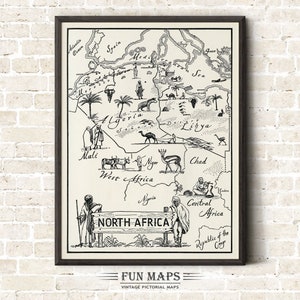 Karte von Nordafrika - Vintage Bildliche Spaß Cartoon Altdruck Illustration Bild Landkarte Geographie Afrikanische Wand Kunst Dekor Geschenk Poster Reise