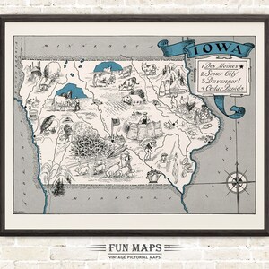 Mapa divertido de Iowa: Ilustración vintage de dibujos animados de Johst, decoración de pared, póster de regalo