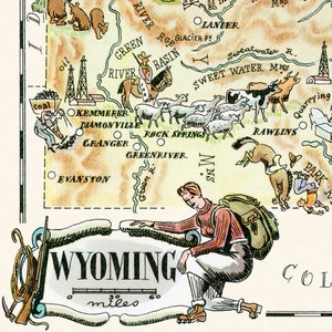 Fun State Map of Wyoming Vintage Pictorial Whimsical Cartoon Print Illustration from 1940s by Liozu Wall Art Décor Gift Poster image 3