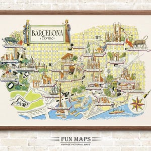 Könnte beinhalten: Eine gerahmte, bildhafte Vintage-Karte von Barcelona, Spanien, in einem dunklen Holzrahmen. Die Karte zeigt handgezeichnete Illustrationen von Sehenswürdigkeiten, Straßen und Gebäuden, mit dem Stadtnamen oben. Eine Windrose befindet sich in der unteren rechten Ecke.