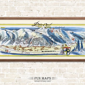 Fun Ski Run Lane Karte von Davos in den Schweizer Alpen, Schweiz, Vintage bildliche Cartoon alte Druck Illustration, Wand Kunst Dekor Geschenk