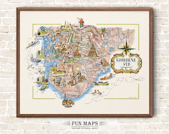 Fun Map of Norway - The South Fjords Vintage Pictorial Whimsical Print Illustration Scandinavian Wall Art Travel Poster Nordic Adventure Map
