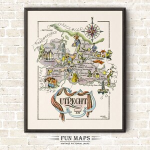 Carte amusante d'Utrecht aux Pays-Bas, illustration vintage d'impression fantaisiste picturale hollandaise | Aventure | Art mural décoratif | Cadeau
