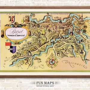 Mapa divertido de Basilea y Nordschweiz en Suiza: póster decorativo de pared con ilustración de dibujos animados vintage, estilo pictórico y caprichoso.