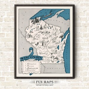 Mapa divertido de Wisconsin: Ilustración vintage de dibujos animados de Johst, decoración de pared, póster de regalo