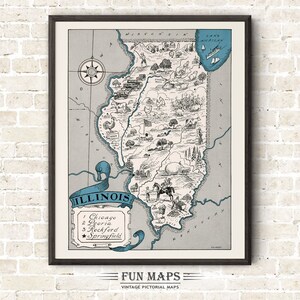 Mapa divertido de Illinois: Ilustración vintage de dibujos animados de Johst, decoración de pared, póster de regalo