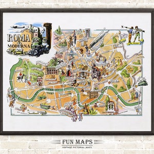 Mapa divertido de Roma en Italia, dibujo animado antiguo, ilustración, arte mural italiano, regalo, póster de viaje, mapa de aventuras