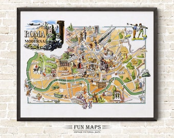 Fun Map of Rome in Italy Vintage Pictorial Whimsical Cartoon Old Print Illustration Italian Wall Art Gift Travel Poster Adventure Map