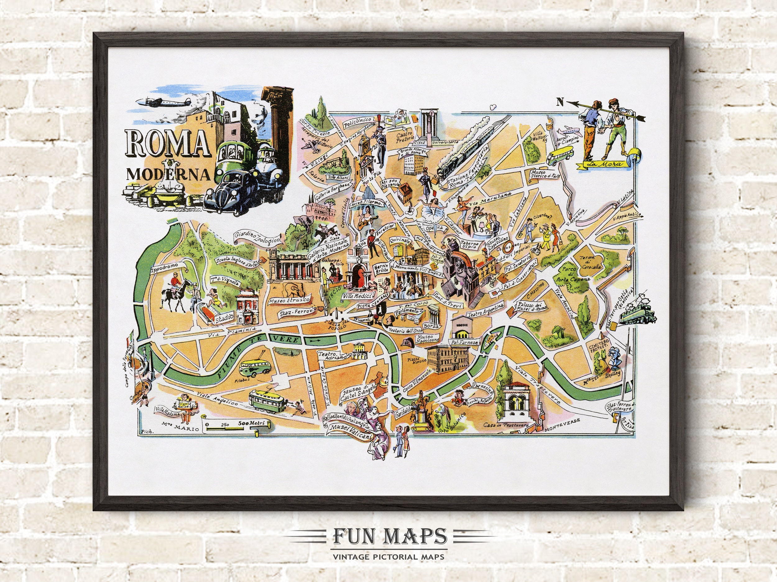 Fun Map of Rome in Italy Vintage Pictorial Whimsical Cartoon Old Print Illustration Italian Wall Art Gift Travel Poster Adventure Map