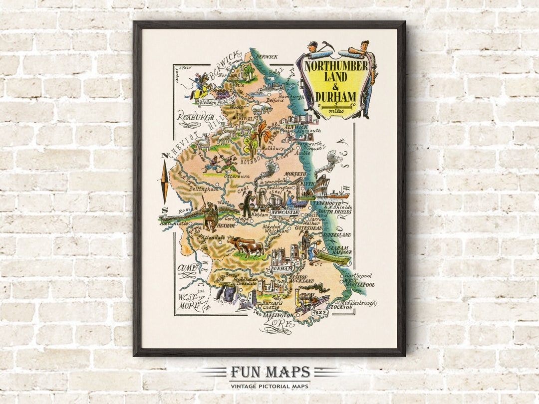 Fun Map of Northumberland - Durham in Great Britain, England, UK ...