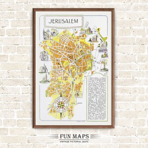 Alte Karte von Jerusalem in Israel im Nahen Osten, Vintage Bildkarikatur Druck Illustration, Wand Kunst Dekor Geschenk Reise Poster