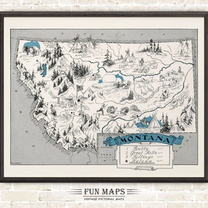 Mapa divertido de Montana: Ilustración vintage de dibujos animados de Johst, decoración de pared, póster de regalo