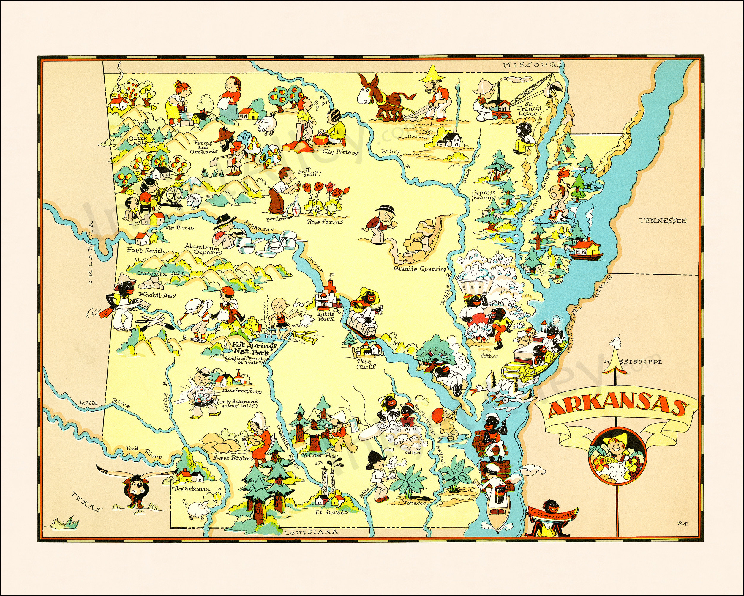 Fun State Map of Arkansas – Vintage Pictorial Whimsical Cartoon Print ...