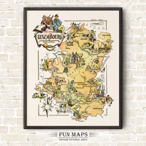 Mapa divertido do distrito de Luxemburgo em Luxemburgo Ilustração de impressão pictórica vintage caprichosa | Aventura | Decoração de arte de parede | Presente