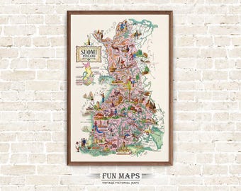 Fun Map of Finland Vintage Pictorial Whimsical Print Illustration Scandinavian Wall Art Travel Poster Adventure Map of The Nordic Countries