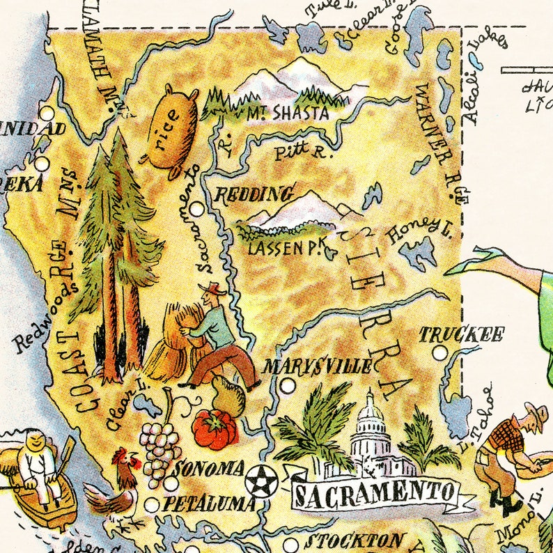 Carte d'État amusante de la Californie illustration vintage d'impression de dessin animé fantaisiste pictural des années 1940 par Liozu Art mural décoratif Cadeau Affiche image 4