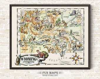 Fun State Map of Wyoming – Vintage Pictorial Whimsical Cartoon Print Illustration from 1940’s by Liozu | Wall Art Décor | Gift | Poster